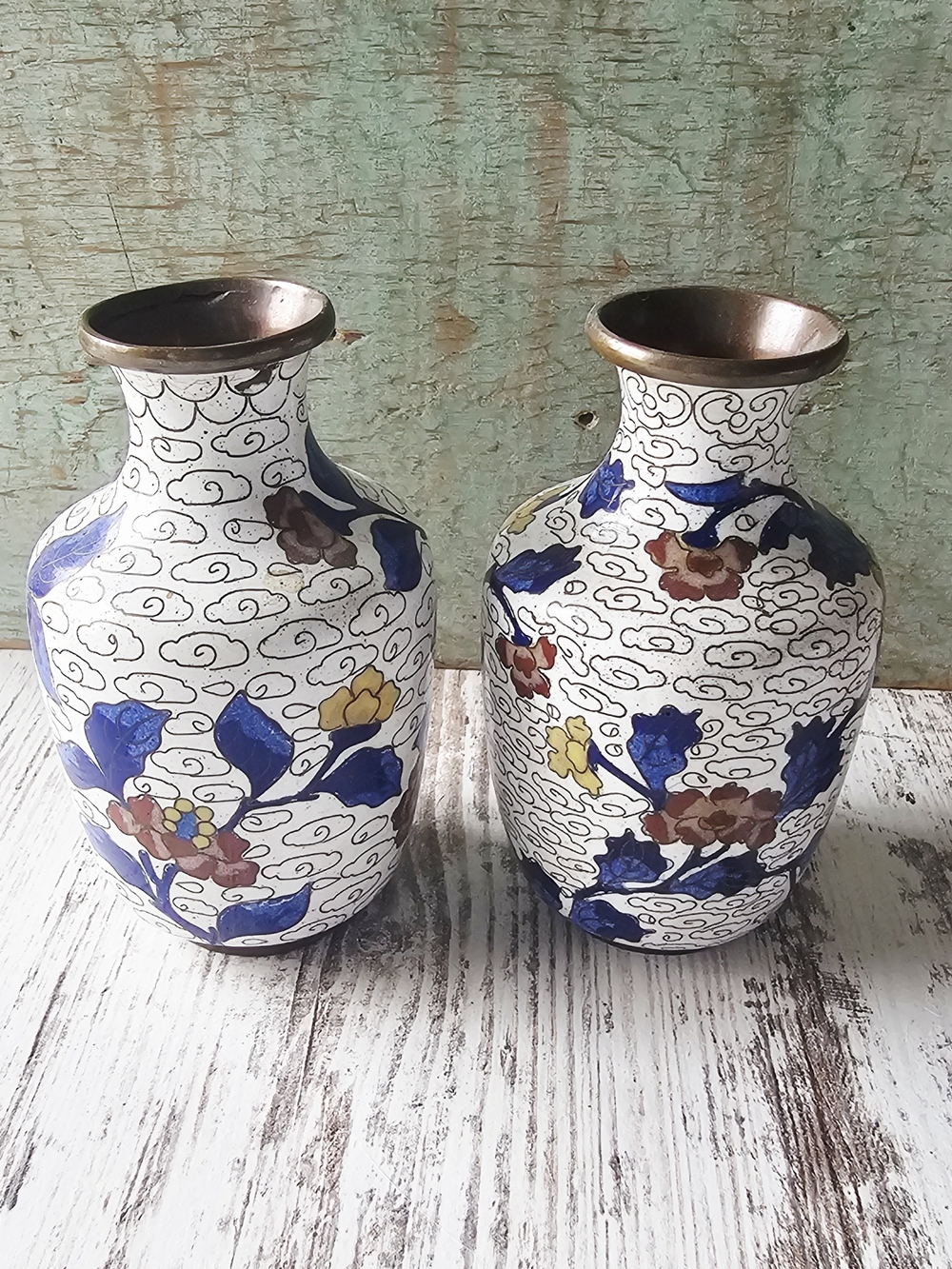Vintage Chinese Cloisonne Set of 2 Vases Enamel Brass Floral and Clouds 4.5"